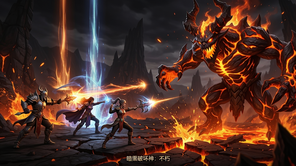 主体为四位玩家角色正在合力攻击一只巨大的熔岩恶魔BOSS,布局为BOSS占据画面右侧大半、玩家角色在左侧释放技能,排版为战斗场景横构图,风格为暗黑史诗战斗CG,细节包含熔岩飞溅、技能光柱、地面裂纹、角色动作张力,画质高清、干净、无多余元素,画面中打文字“暗黑破坏神:不朽”