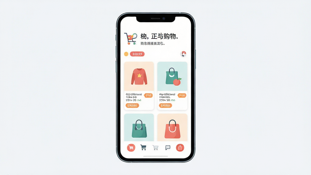 主体为一部智能手机竖屏展示购物类应用界面,布局采用居中构图手机位于画面中央,排版上方留白放置简洁标题文字,风格为清爽扁平化插画风,细节包含商品卡片、价格标签、分类图标与购物袋元素,画质高清干净无多余元素