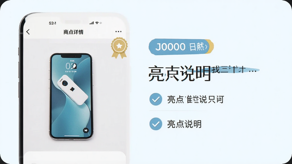 主体为手机界面展示商品详情页与亮点说明文字块,布局为上下分层结构,排版左侧图片右侧文字说明,风格为清新浅色扁平风,细节包含商品实拍图、标签徽章与勾选图标,画质高清干净无多余元素