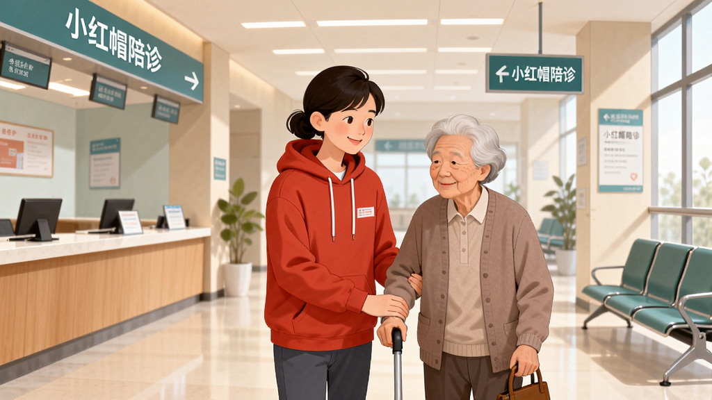 主体是一位穿着红色帽衫的年轻陪诊师微笑着搀扶一位老年患者在现代化医院大厅内行走,布局为医院大厅背景,左侧是挂号窗口,右侧是休息座椅,排版采用居中构图突出人物互动,风格为温暖写实的插画风格,细节包括明亮灯光、干净地面、导诊指示牌,画面中打上文字“小红帽陪诊”,画质高清,干净,无多余元素