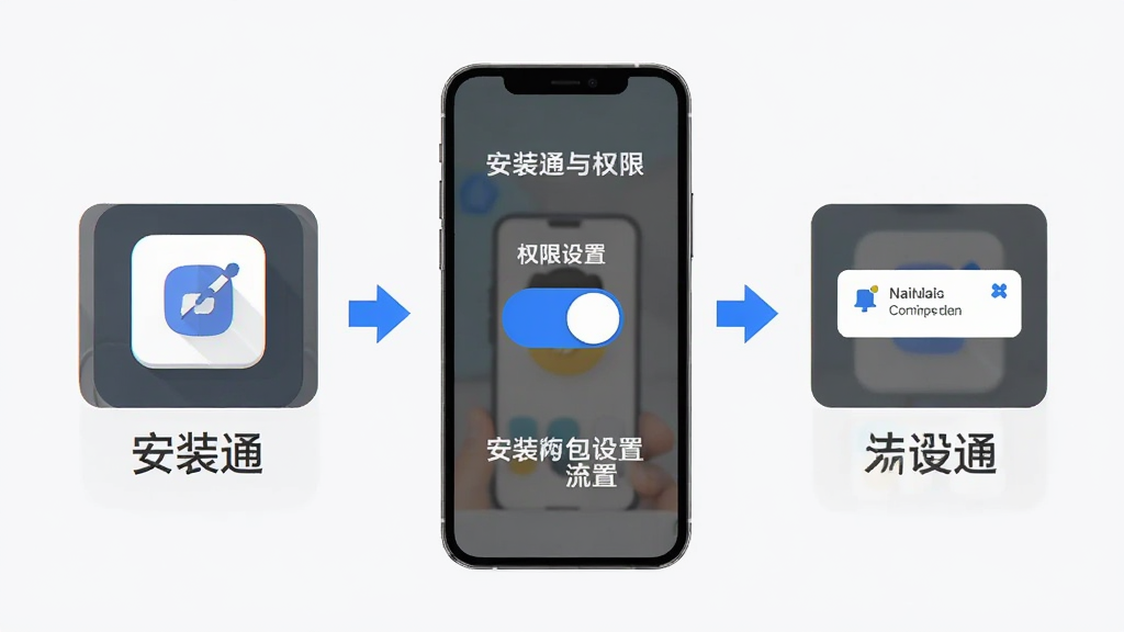 主体为手机屏幕展示包速通安装与权限设置流程,布局为三步骤横向排列图标加文字说明,排版采用步骤引导式结构,风格为简洁教程插图风,细节包含安装包图标、权限开关、通知弹窗、蓝色箭头指引,画质清晰干净无多余元素