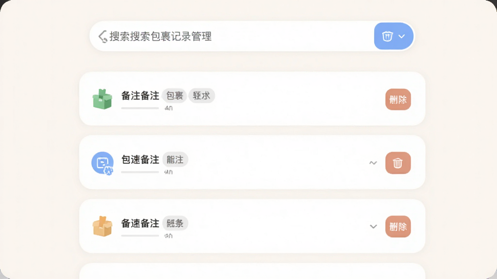 主体为包速通软件包裹记录管理界面,布局为顶部搜索栏下方分组列表,排版采用卡片式纵向排列,风格为柔和圆角清新风,细节包含备注标签、分组图标、删除按钮、浅色背景,画质高清干净无多余元素