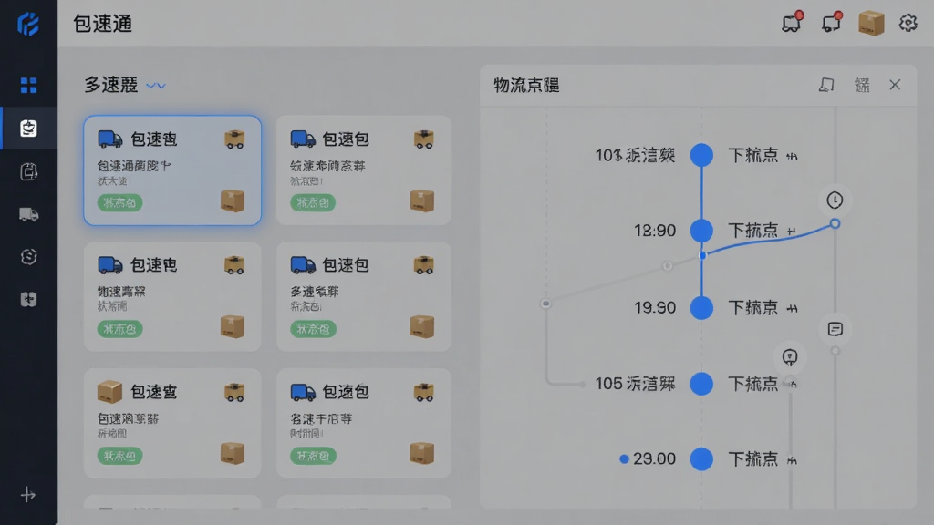 主体为包速通软件界面展示多包裹列表与物流时间轴,布局为左侧包裹卡片列表右侧详细轨迹时间轴,排版采用左右分栏结构,风格为现代简约科技风,细节包含蓝色高亮节点、快递图标、状态标签,画质清晰干净无多余元素
