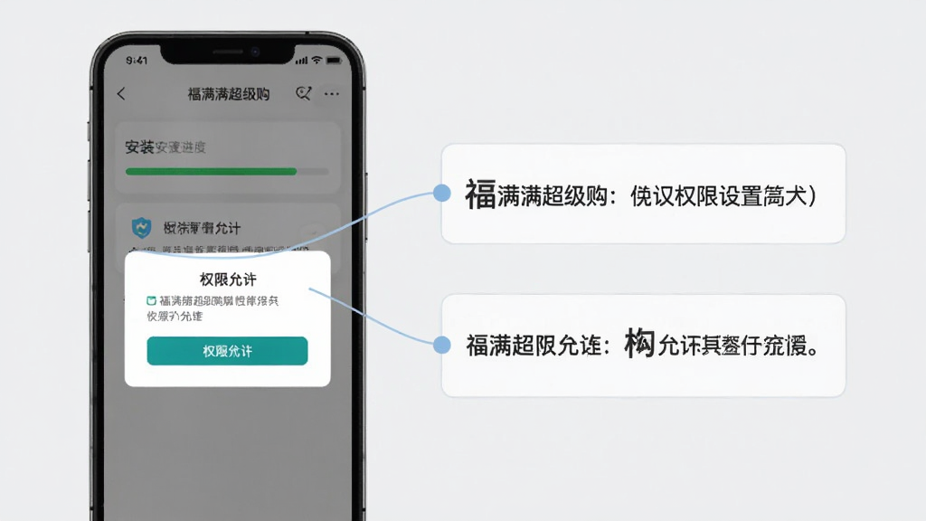 “福满满超级购”应用安装与权限设置示意画面,手机屏幕显示安装进度条与权限允许弹窗,旁边配有简洁的文字标注框说明步骤,整体为浅灰色背景,风格干净利落,画质清晰