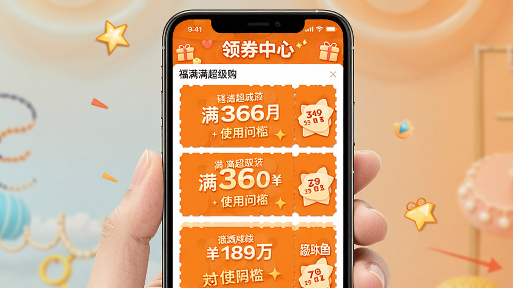 手机界面展示“福满满超级购”优惠券领取页面,多张橙色优惠券卡片纵向排列,卡片上标注满减金额与使用门槛,顶部有“领券中心”字样横幅,整体风格活泼但排版规整,画质高清无杂乱元素