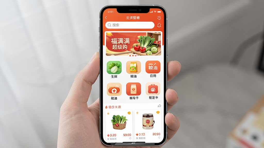 手机屏幕中央展示“福满满超级购”购物应用首页界面,上方是搜索框与轮播横幅,中部为生鲜、粮油、日用等分类图标网格,下方为商品列表卡片,整体采用橙红色与白色搭配的清爽电商风格,画面干净整洁,无多余装饰元素,高清画质