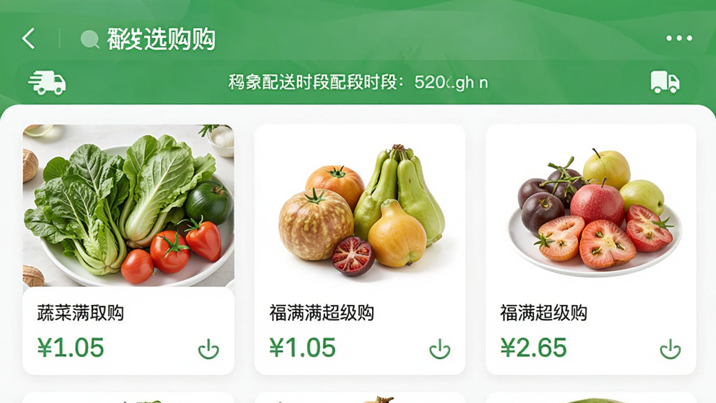 “福满满超级购”应用生鲜选购界面,展示蔬菜水果商品卡片,每张卡片含商品图、名称与价格,页面顶部有配送时段提示条,绿色与白色为主的清新风格,布局疏朗,画质细腻干净