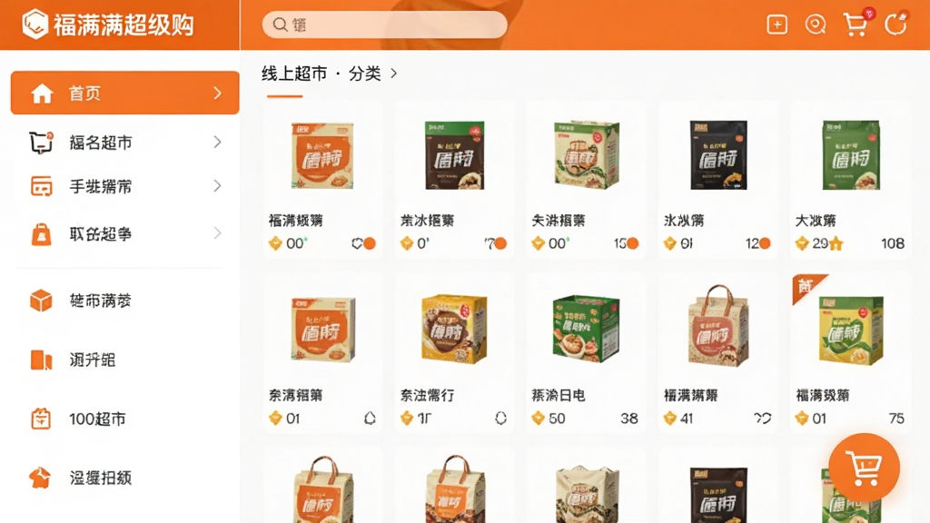 画面主体为“福满满超级购”应用内的线上超市分类页面,左侧竖排品类导航,右侧为商品网格,购物车图标悬浮于右下角,橙白配色,界面排版整齐,风格简洁明快,画质清晰干净