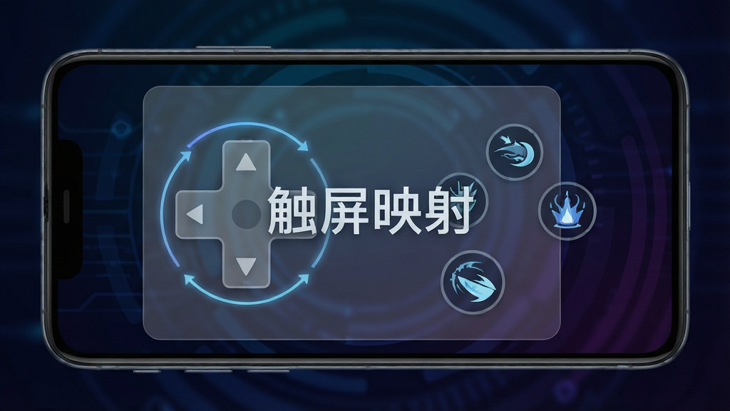 画面中央展示一部安卓手机,手机屏幕上呈现半透明的按键映射浮层界面,包含方向摇杆与技能按钮图标,背景为深色科技感渐变,布局采用居中构图,风格为现代扁平化UI设计,细节包含清晰的按键轮廓与触控轨迹线条,画质高清干净,无多余元素,图片中打文字“触屏映射”