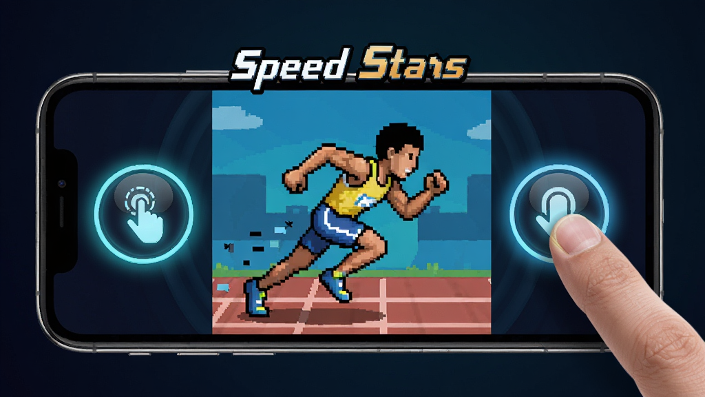 主体为手机屏幕特写,屏幕上显示Speed Stars游戏界面,左右两侧有醒目的点击按钮图标,布局为竖版手机比例居中展示,排版突出屏幕内容与手指点击动作的互动关系,风格为科技感UI展示风格,细节包括屏幕中像素运动员处于奔跑姿态、左右按钮带有发光反馈效果、手指正在触碰右侧按钮、背景为深色渐变衬托屏幕亮度,画质清晰干净,无杂乱元素