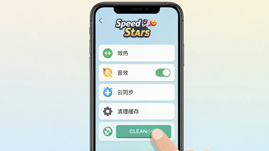主体为手机屏幕显示Speed Stars游戏设置界面,布局为竖版居中展示,排版突出设置选项列表,风格为扁平化UI设计风格,细节包括画面质量、音效开关、云同步、清理缓存等选项图标、