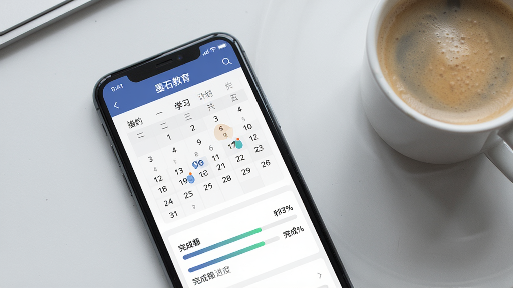 一张学习计划管理界面的生图,画面展示一部手机屏幕,屏幕内显示“墨石教育”学习计划页面,包含日历视图与进度条,进度条旁标注完成百分比,背景为浅灰色桌面,旁边放着一杯咖啡,风格简约现代,画质清晰,无杂乱元素