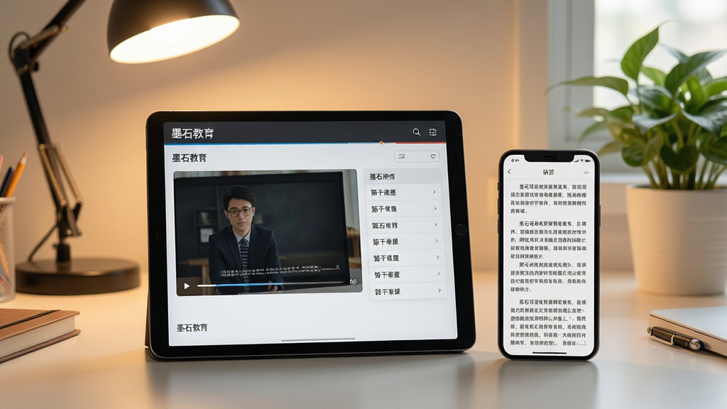 一张在线课程学习场景的生图,画面主体是一台平板电脑与一部手机并排摆放,平板屏幕上显示“墨石教育”课程播放界面,包含进度条与章节列表,手机屏幕显示讲义文字,背景为温馨的书桌环境,有台灯与绿植点缀,风格写实柔和,细节丰富,画质清晰干净