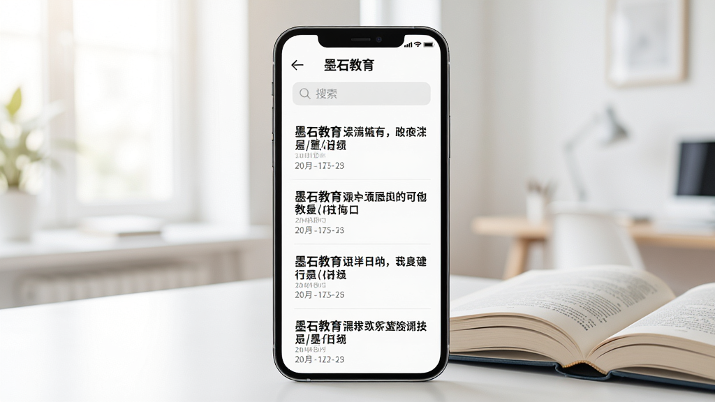 一张资讯浏览界面的生图,画面为手机竖屏展示“墨石教育”资讯列表页,列表项包含标题与日期,顶部有搜索框,背景为明亮室内环境,手机旁有一本翻开的书,整体风格清爽,细节清晰,画质干净