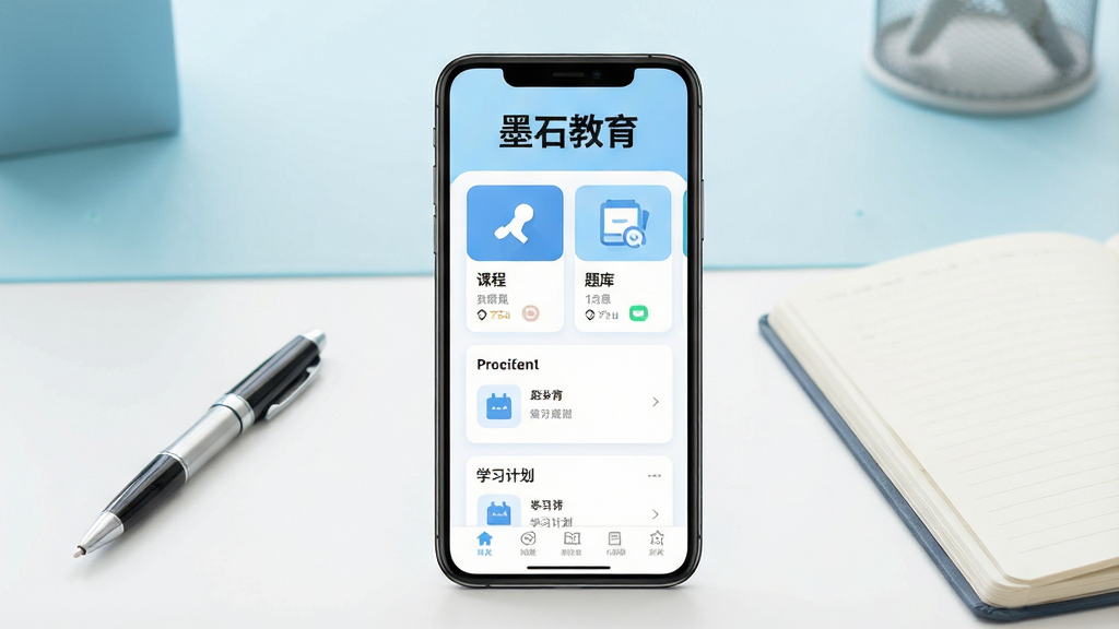 一张手机应用界面展示图,画面中央是一台竖屏智能手机,手机屏幕上显示“墨石教育”四个字作为应用名称,屏幕内布局为课程卡片、题库入口、学习计划三个主要板块,背景为浅蓝色与白色搭配的简洁学习场景,桌面上放着一支笔和一本笔记本,整体风格清新明亮,细节清晰,画质干净,无多余元素