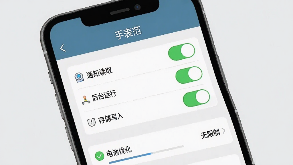 一张手机应用权限设置界面的示意图,画面中手机屏幕显示“手表范”应用的权限管理页面,包含通知读取、后台运行、存储写入三项权限开关处于开启状态,界面下方有电池优化设置为无限制的选项,背景为浅灰色,风格清晰实用,细节明确,画质干净,无多余元素