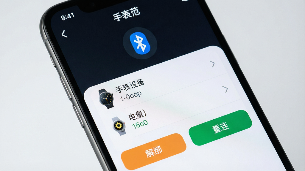 一张手机屏幕特写图,屏幕中显示“手表范”应用的设备管理界面,界面上方有蓝牙连接状态图标,中部列出手表设备名称与电量信息,下方有解绑与重连按钮,画面以手机为主体,背景为浅灰渐变,风格干净利落,细节清晰,画质高清,无多余装饰元素