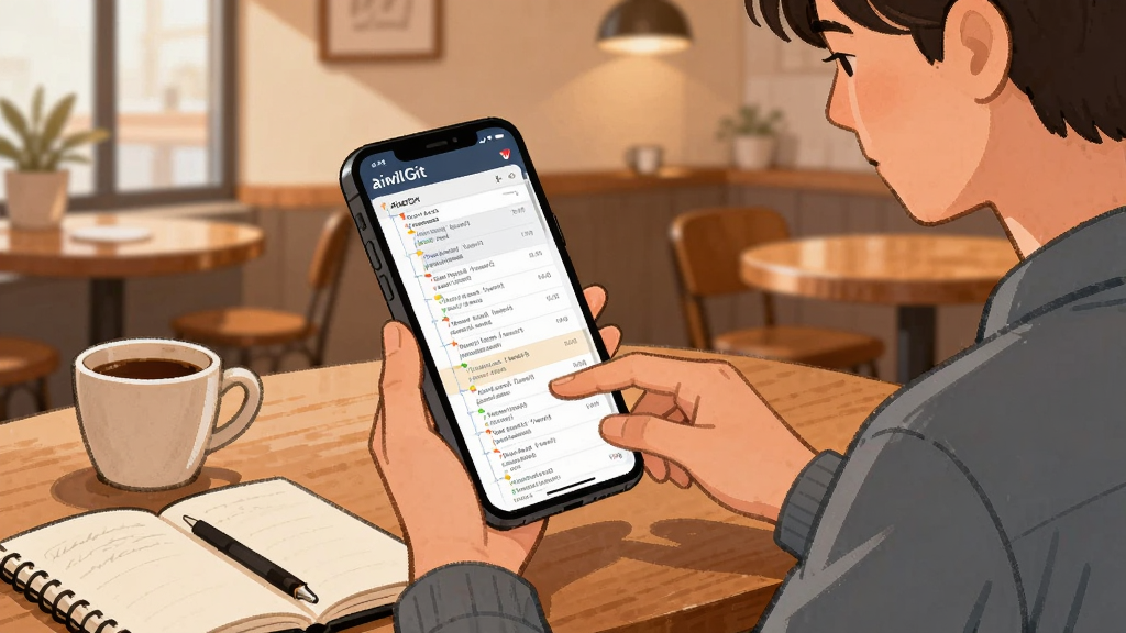 AiwliGit 使用场景插画,画面为一个人坐在咖啡厅用手机操作 AiwliGit 查看代码仓库,手机屏幕显示分支与提交列表,桌上放着笔记本与咖啡杯,背景为暖色调室内环境,风格生活化插画,布局自然,细节丰富,画质干净,无多余元素