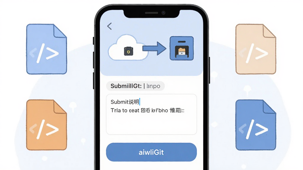 AiwliGit 提交操作界面示意图,画面为手机屏幕显示提交说明输入框与推送按钮,屏幕上方有云朵与箭头指向远程仓库的图形,周围点缀代码文件图标,风格为清爽浅色插画,布局简洁,细节明确,画质干净,无多余元素