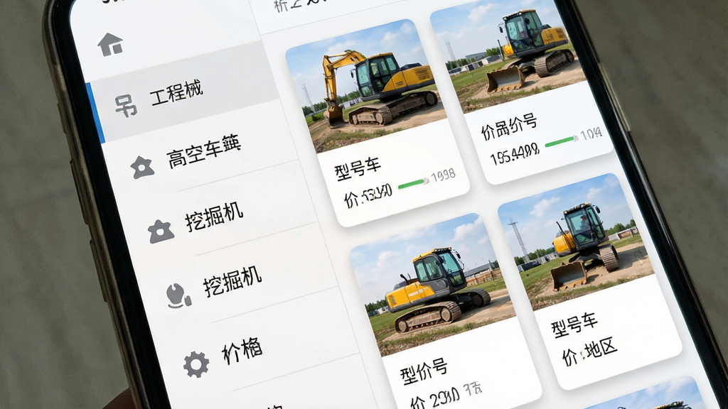处理网应用界面中展示分类导航与设备列表,画面主体为手机屏幕特写,屏幕内呈现工程机械分类页面,左侧为品类侧边栏包含吊车高空车挖掘机等文字标签,右侧为设备信息卡片列表每张卡片含设备图片型号价格地区,布局为左右分栏结构,风格为清爽浅色系UI设计,细节包含分类图标与卡片阴影效果,画质清晰,干净无杂乱元素