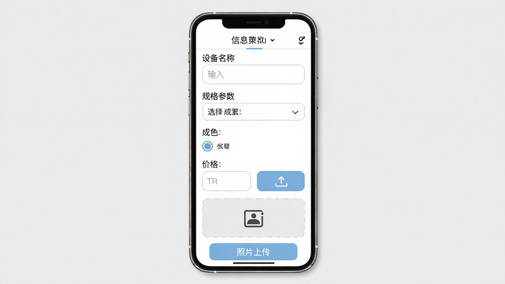 处理网发布信息界面,主体为手机屏幕显示信息发布表单,表单包含设备名称输入框、规格参数选择项、成色选项、价格填写栏、照片上传区域,布局为纵向表单排列,风格为简洁实用型UI设计,细节包含输入框圆角与上传按钮图标,画质高清,画面干净无多余装饰