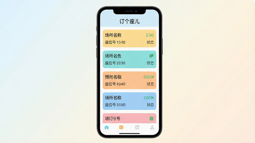 画面主体是订个座儿软件的订单管理页面,手机屏幕上列出多条预订记录,每条记录包含场所名称、座位号和状态标签,页面顶部显示“订个座儿”标题。布局为手机竖屏居中,背景为浅色渐变。排版上订单列表整齐排列,重点信息用色块突出。风格为清新扁平化UI风格,配色柔和。细节上每条订单右侧有状态小图标,页面底部有导航栏。画质高清,干净,无多余元素。