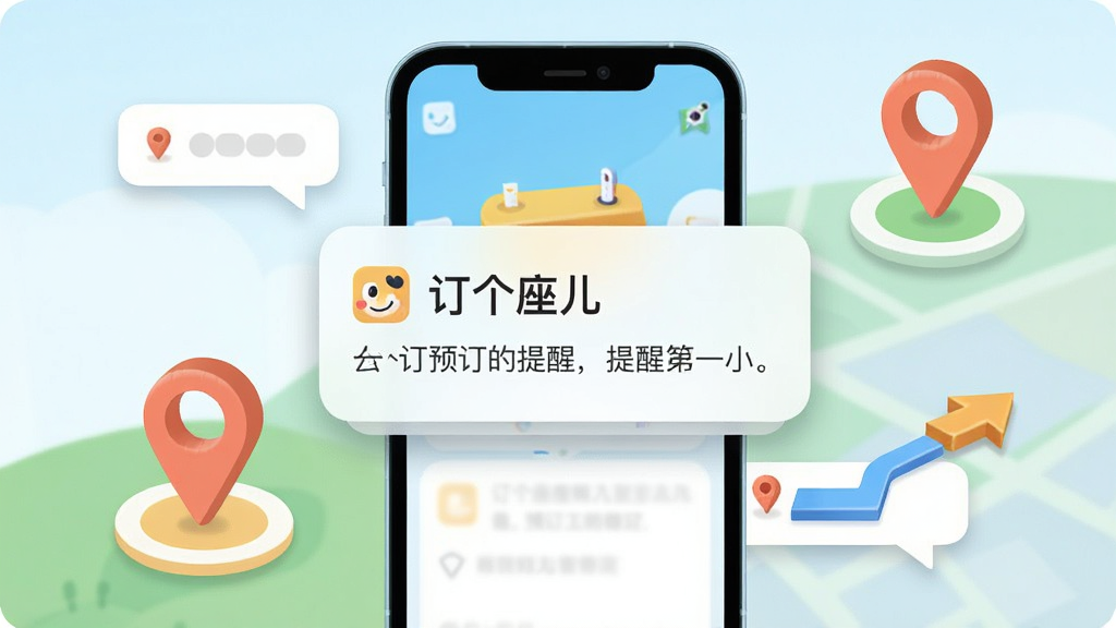 画面主体是订个座儿软件的提醒通知界面,手机屏幕弹出通知卡片,卡片上显示“订个座儿”和预订时间提醒文字,手机旁边有定位图标和路线箭头元素。布局为手机居中,周围环绕通知气泡和地图标记。排版上通知卡片为视觉中心,辅助元素环绕分布。风格为轻量插画风,色彩明快。细节上通知卡片有圆角阴影,地图标记有轻微立体感。画质清晰,干净,无多余元素。
