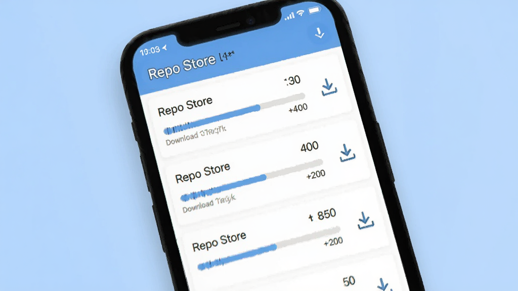 一张表现下载进度的界面图,手机屏幕上显示 Repo Store 的下载管理列表,每条任务带有进度条与速度数值,旁边配有小尺寸的下载箭头图标,背景为白色与淡蓝色搭配,风格清爽简约,排版整齐,画质干净