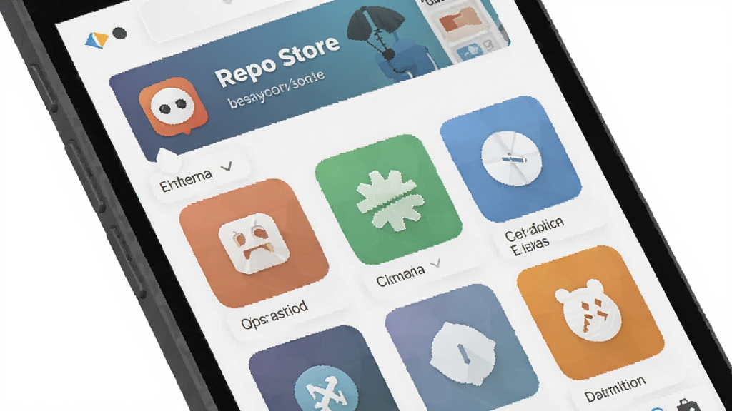 一张手机界面示意图,屏幕中展示 Repo Store 的分类网格页面,包含多个彩色方块图标分别代表不同软件类别,页面顶部有榜单横幅,整体风格清新浅色,布局规整,细节清晰,画质干净