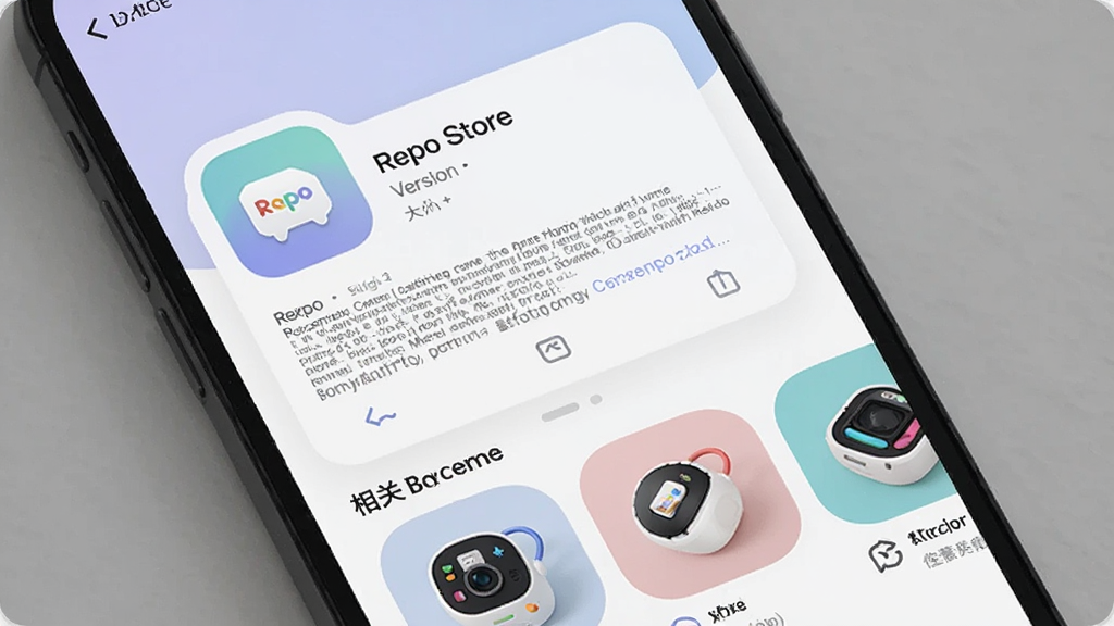 一张手机应用详情页的展示图,屏幕中呈现 Repo Store 的软件信息卡片,包含图标、名称、版本号、大小与简介文字,下方有相关推荐横滑列表,整体风格柔和圆角,配色淡雅,细节丰富,画质清晰