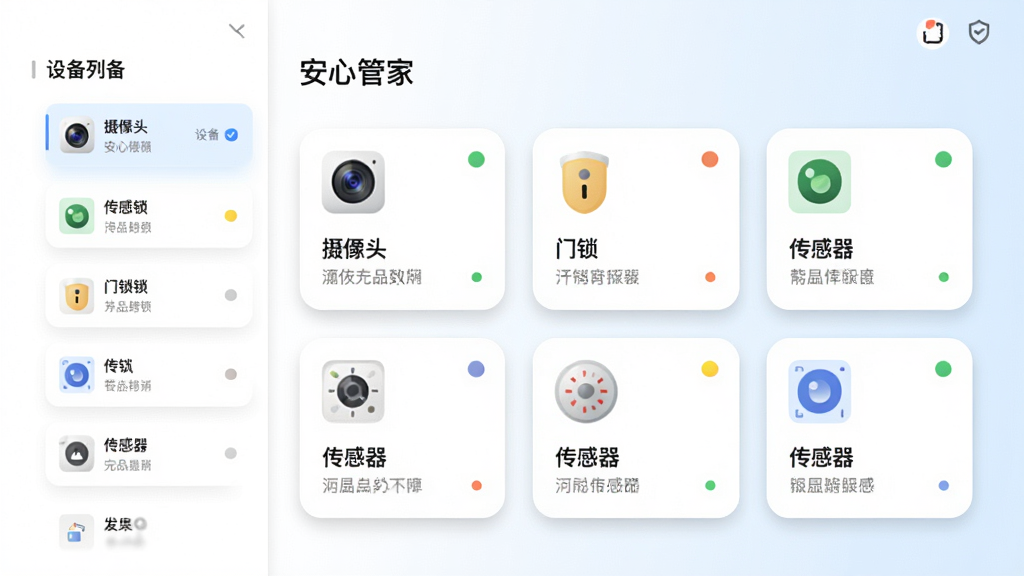 一张横向布局的界面示意图,左侧为设备列表侧边栏,右侧为“安心管家”设备看板主区域,看板上排列多个圆角卡片分别显示摄像头、门锁、传感器的状态图标和简短文字,风格为清新浅色扁平设计,细节上卡片有柔和阴影和状态色点,背景为白色到浅蓝渐变,画质清晰,干净,无多余元素