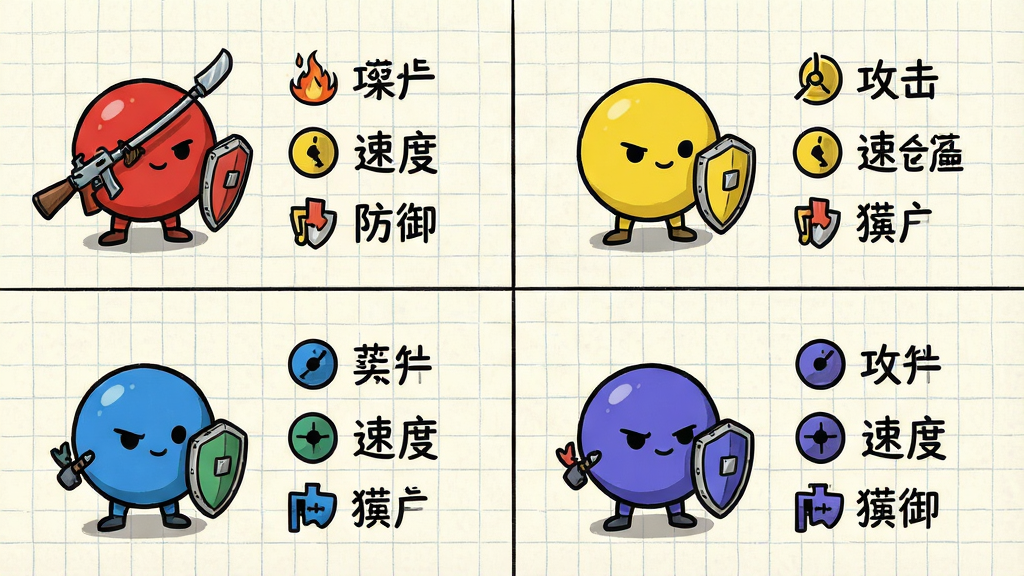 一张展示四种颜色圆点士兵属性对比的示意图,画面分为四个区域,每个区域放置一种颜色的圆点角色并配有简短的图标标识攻击、速度、防御属性,背景为浅色网格纸风格,布局整齐,风格为信息图表式手绘插画,细节包括圆点角色带有武器与盾牌小道具、属性图标简洁明了,画质清晰干净,无多余元素