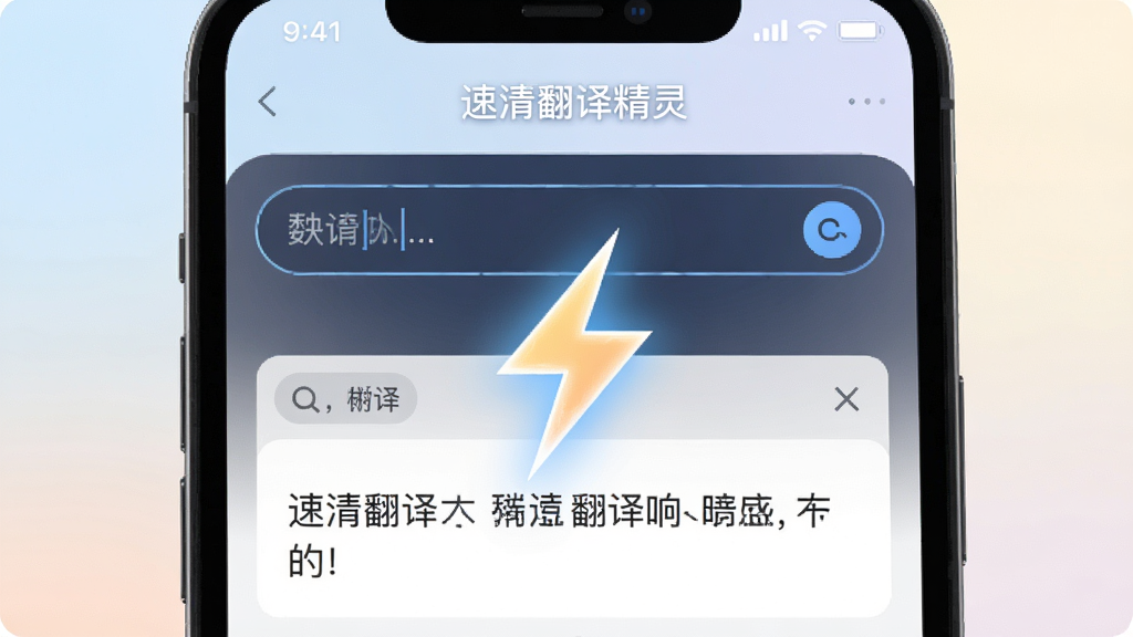 画面主体为“速清翻译精灵”应用界面特写,屏幕中央显示输入框与译文框之间以一道闪电形状的光效连接,象征快速翻译响应,背景为柔和的渐变浅色,布局简洁居中,风格扁平化科技感,细节突出界面元素与光效,画质清晰干净,无多余元素