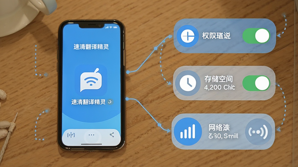 画面展示一部手机放置在桌面,屏幕内为“速清翻译精灵”运行状态,旁边以图标形式呈现权限开关、存储空间与网络信号等元素,布局左右分布,风格扁平化信息图,细节突出权限与存储标识,画质清晰,画面干净整洁