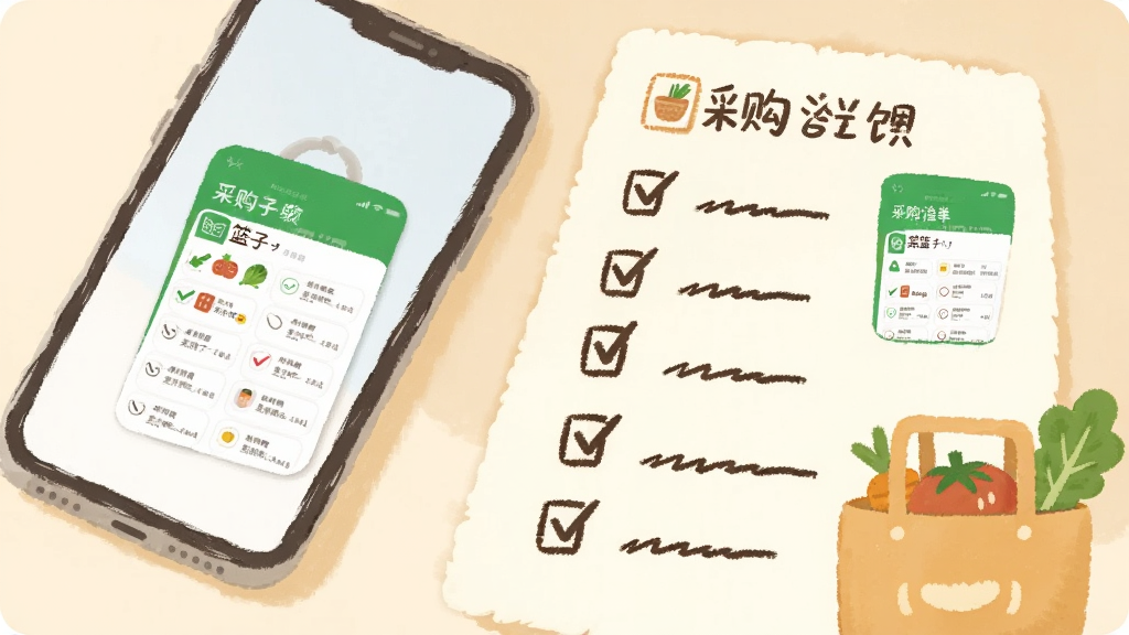 主体是一部手机与一张手写风格采购清单并排摆放,布局为对角线构图,风格为温馨生活化插画,细节包括清单上的勾选标记、