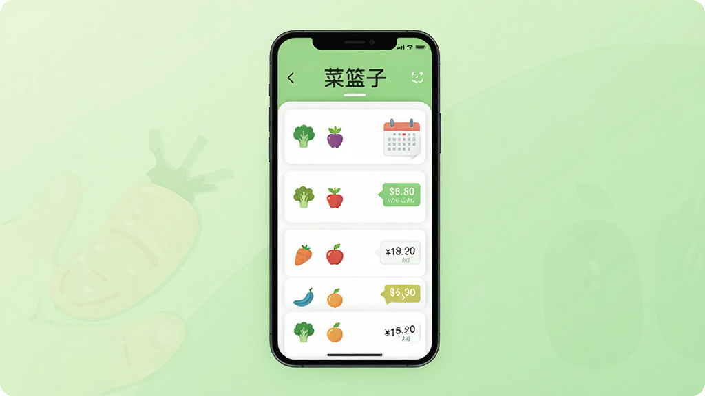 主体是一部竖屏智能手机,屏幕上显示简洁的生鲜价格列表界面,顶部有