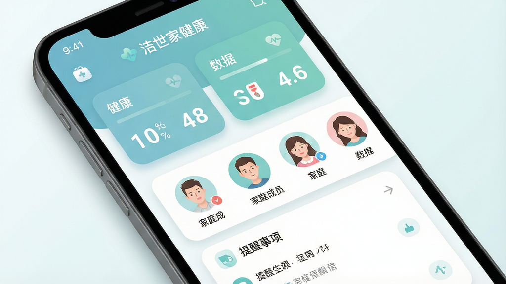 一张手机屏幕展示家庭健康管理应用的界面,画面中央是“洁世家健康”应用主页面,布局包含健康数据卡片、家庭成员头像列表和提醒事项栏,排版简洁清晰,风格为现代扁平化设计,细节包含柔和的蓝绿色调、圆角图标和细腻的阴影层次,画质高清,干净,无多余元素