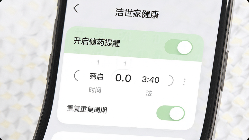 一张手机界面展示“洁世家健康”提醒设置页面,画面主体为一条已开启的用药提醒卡片,包含时间选择器和重复周期选项,布局居中清晰,风格柔和圆角设计,细节包含淡绿色开关按钮、浅灰背景和清晰的字体层级,画质高清,干净,无多余元素