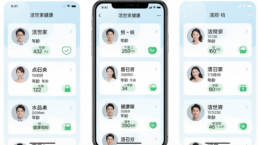 一张手机应用界面截图,展示“洁世家健康”家庭成员健康档案页面,画面主体为多个成员头像卡片纵向排列,每个卡片显示姓名、年龄和健康指标摘要,布局规整,风格清新浅色,细节包含浅蓝底色、白色卡片和绿色状态标签,画质高清,干净,无多余元素