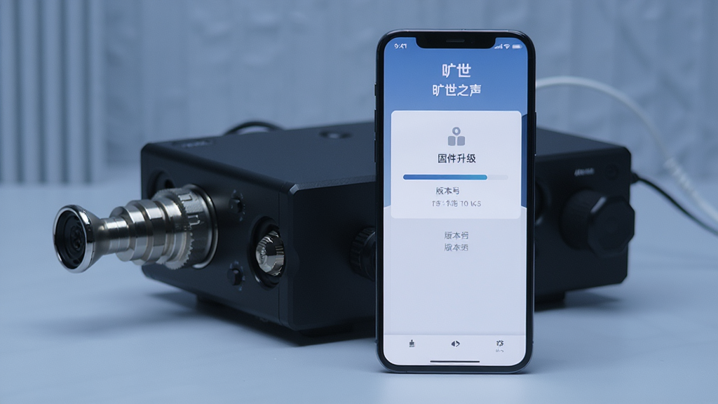手机屏幕显示旷世之声App的固件升级界面,界面中有进度条和版本号信息,手机旁边放置解码耳放设备,背景为简洁的蓝灰色调,风格科技专业,构图居中,细节清晰,画质锐利,图片中显示文字“旷世之声”