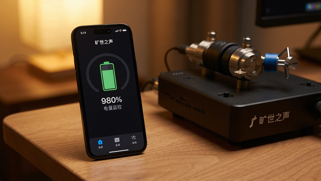 手机屏幕展示旷世之声App的电量监控界面,界面中有电池图标和百分比数字,手机放置在木质桌面上,旁边有解码耳放设备,背景为温暖的室内光线,风格生活化且专业,细节丰富,画质清晰,图片中显示文字“旷世之声”