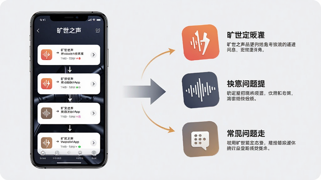 一张信息图风格的画面,左侧为手机使用旷世之声App的步骤示意,右侧为常见问题提示图标,中间用箭头连接,背景为浅灰色,风格简洁清晰,细节到位,画质干净,图片中显示文字“旷世之声”