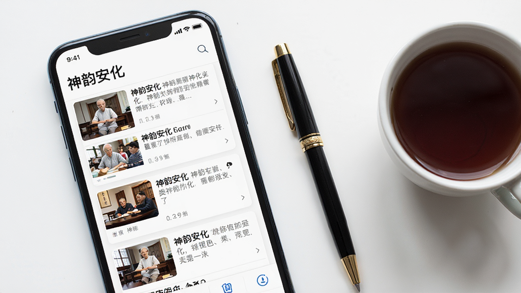 画面主体为手机屏幕展示资讯列表页面,页面标题为“神韵安化”,列表内为多条带缩略图的新闻卡片,旁边配一支笔和一杯黑茶,采用左右分栏布局,风格简洁现代,细节清晰,画质高清干净,无多余元素