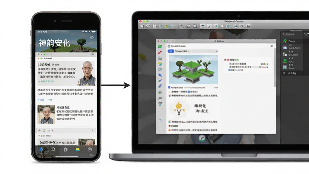 画面主体为一部手机与一台笔记本电脑并排摆放,手机屏幕显示“神韵安化”资讯页面,电脑屏幕显示模拟器运行界面,两者之间用箭头连接,采用横向构图、左右呼应排版,风格简洁科技感,细节清晰,画质高清干净,无多余元素