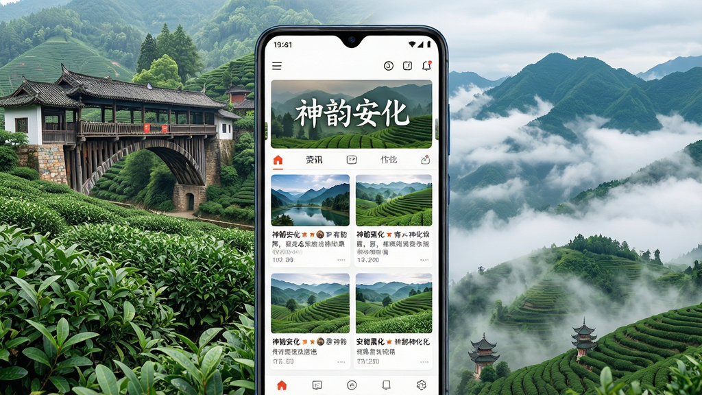 画面主体为一部竖屏安卓手机,手机屏幕中央显示清爽的资讯类应用首页,顶部横幅写着“神韵安化”四个字,下方排列新闻卡片与茶山风景小图,手机四周环绕安化黑茶园、风雨桥、青山云雾等元素,整体采用竖版构图、居中排版,风格清新写实,细节精致,画质高清干净,无多余装饰元素