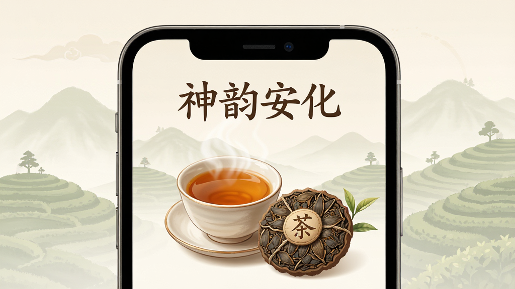 画面主体为手机屏幕展示茶文化科普页面,页面中有一杯琥珀色茶汤与茶饼插图,屏幕上方写有“神韵安化”字样,背景为淡雅的茶山剪影,采用居中排版,风格温润雅致,细节丰富,画质高清干净,无多余元素