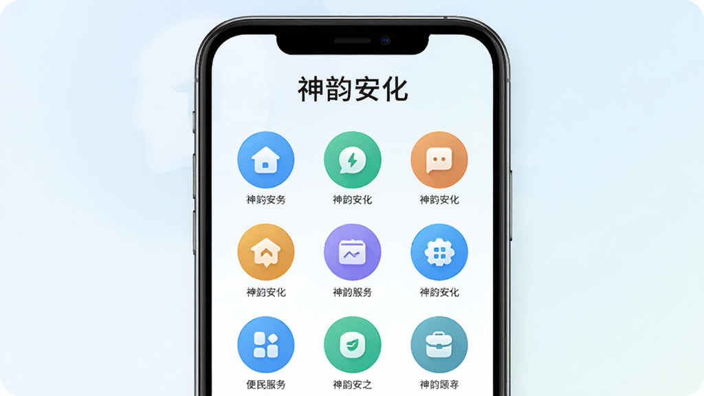 画面主体为手机屏幕展示便民服务功能页,页面中排列多个圆形功能图标,屏幕顶部写有“神韵安化”,背景为浅色渐变,采用居中对称排版,风格清爽规整,细节清晰,画质高清干净,无多余元素