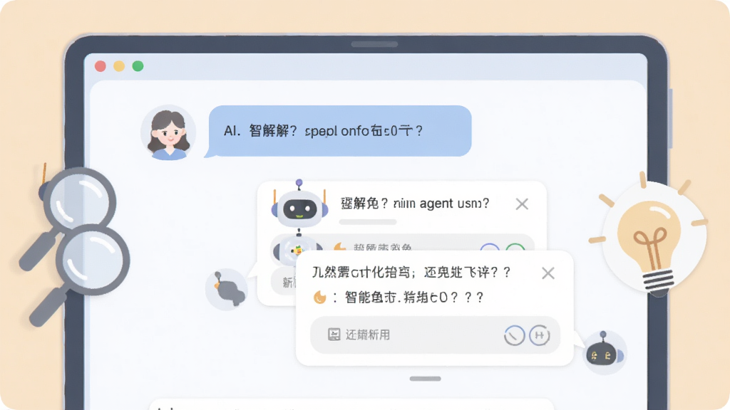 画面展示AI agent智能管家的对话界面特写,屏幕中显示用户输入的自然语言问题与助手的结构化回复卡片,旁边配有放大镜和灯泡图标象征理解与智能,整体布局居中对称,风格扁平化,色调柔和,画质干净清晰