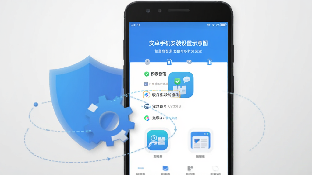 智慧商贸进销存软件免费版安卓手机安装设置示意图,手机屏幕显示权限管理页面和应用图标,旁边有盾牌与齿轮元素,背景为浅灰渐变,风格扁平化信息图,画面整洁,文字清晰