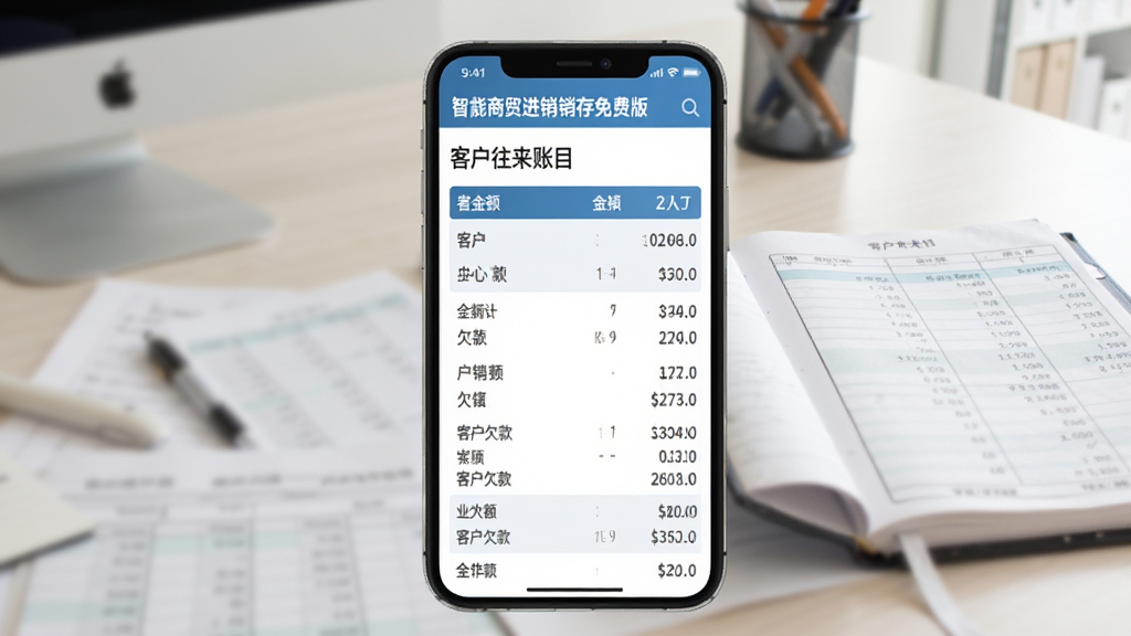智慧商贸进销存软件免费版客户往来账目界面,手机屏幕显示应收金额汇总和客户欠款列表,背景为办公桌面与账本虚化,风格专业简洁,文字清晰,画面干净无杂乱元素